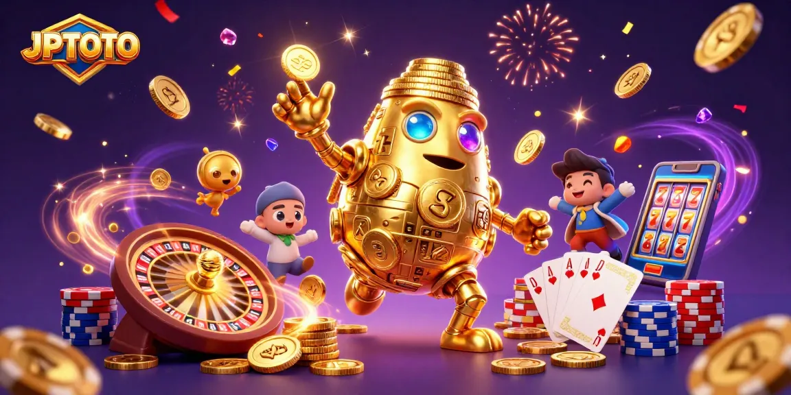 Menangkan keberuntungan Anda dengan JPTOTO melalui golem emas dan simbol mesin slot yang berkilauan.