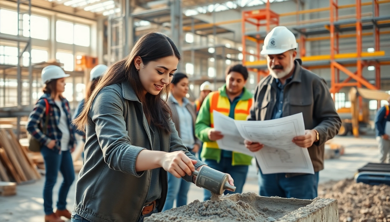 Construction workforce training with diverse trainees actively learning on a construction site.