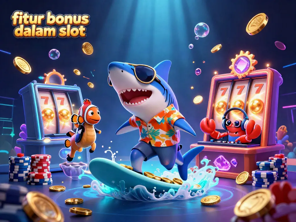 Permainan slot dengan fitur bonus dalam slot ditampilkan dalam ilustrasi 3D yang dinamis.
