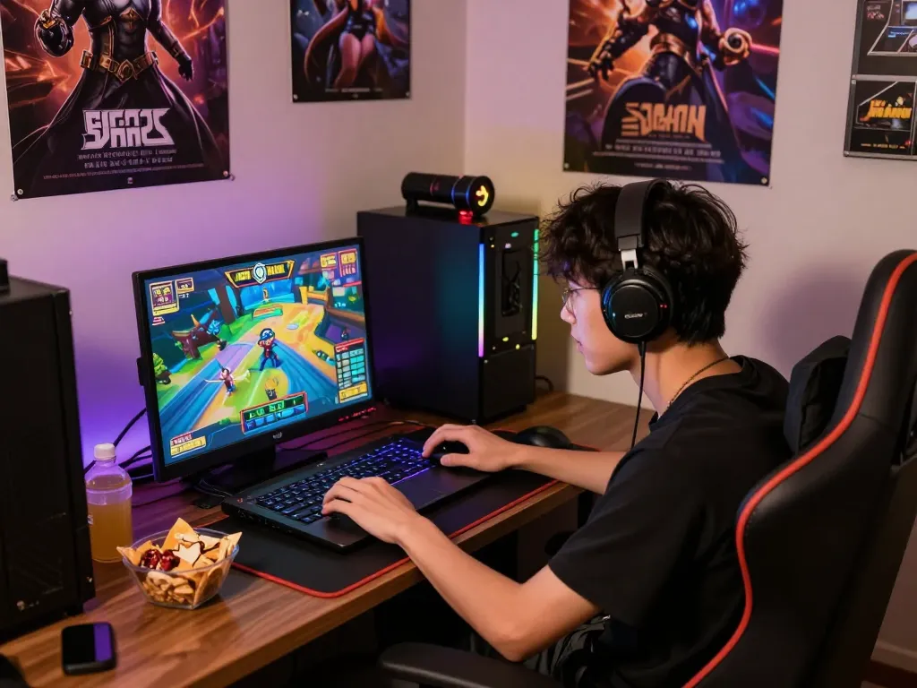 Pemain menikmati permainan slot online situs gacor dengan grafik yang cerah dan suasana nyaman di sudut permainan.