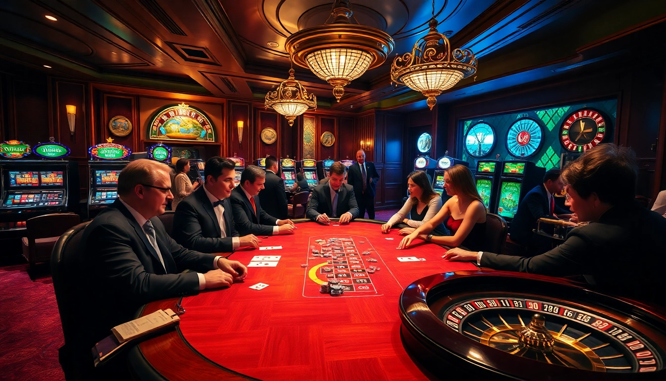 Pemain poker bersaing secara intens di meja kasino mewah dengan chip dan kartu yang berwarna-warni.