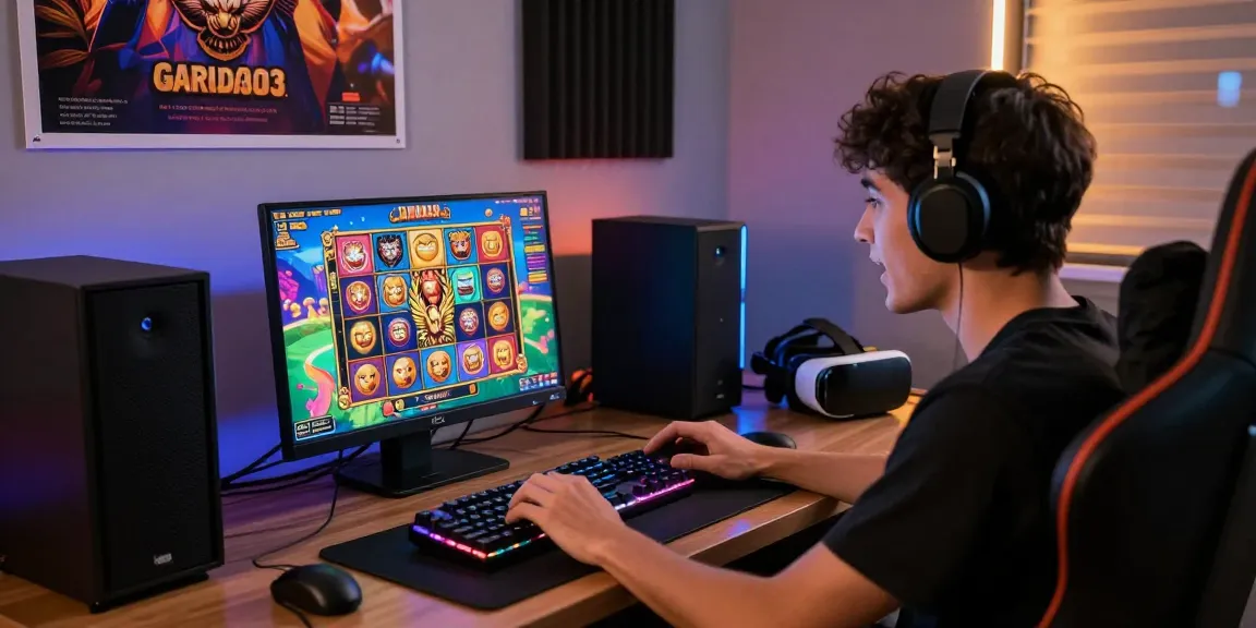 Player enjoying the garuda303 slot game on a laptop with vivid animations in a modern gaming room.