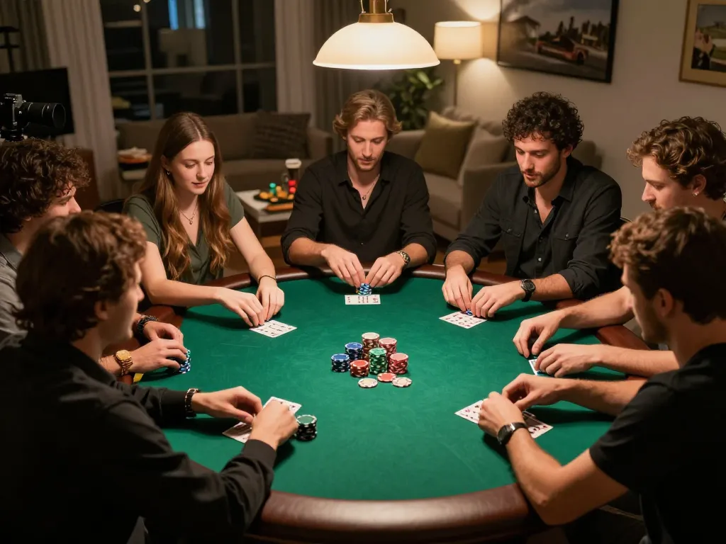 Players enjoying a lively poker night at home, highlighting king33 game strategies and fun