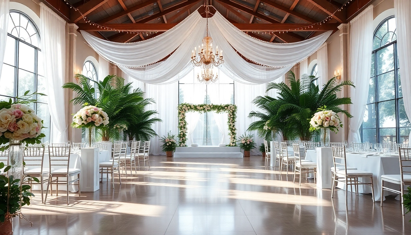 Elegant wedding event space Jacksonville adorned with floral arrangements and bright lighting.