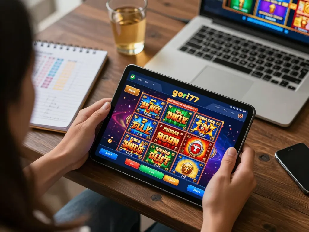 Gambling enthusiast engaging with gori77 app showcasing exciting slot games for potential max wins.