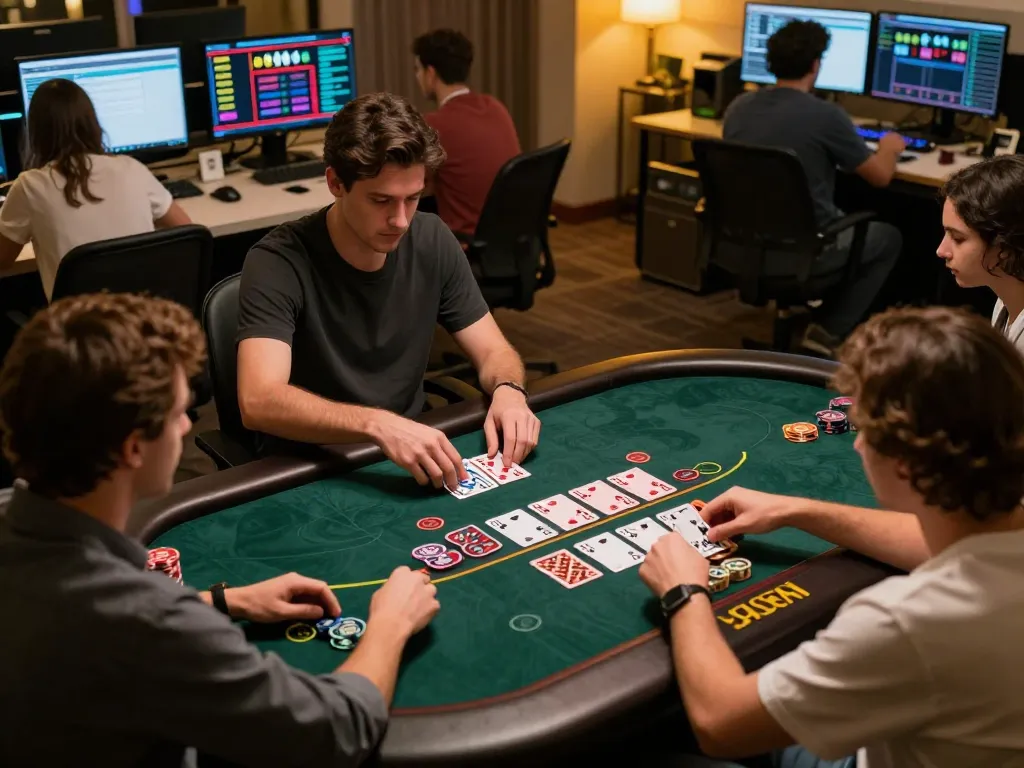 Players enjoying blackjack through the 98win vin platform in a cozy home setting, showcasing strategic gameplay.