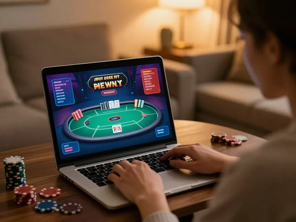 Engaged user playing KP88 online casino poker game, showcasing strategic focus and comfortable home setting
