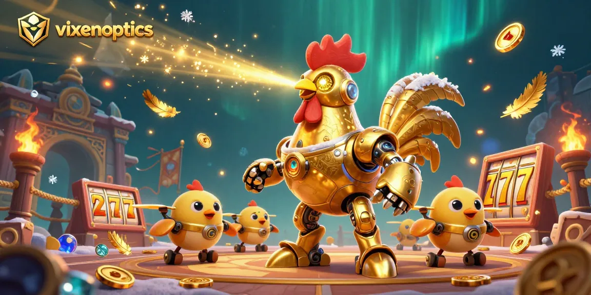 Engage with exhilarating slots at vixenoptics featuring a golden rooster robot amidst vibrant casino elements.