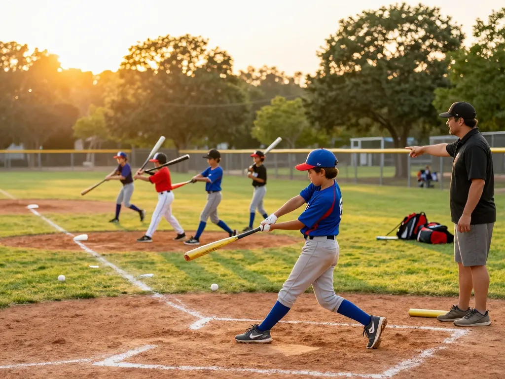 Young players practicing swings with baseball bats in vibrant park setting