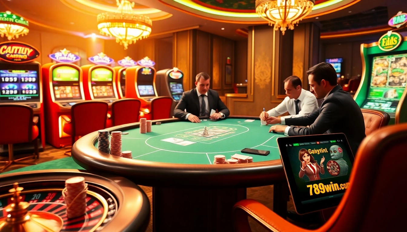 A dynamic poker game scene featuring players at a table with 789win.com elements, capturing the thrill of live casino gaming.