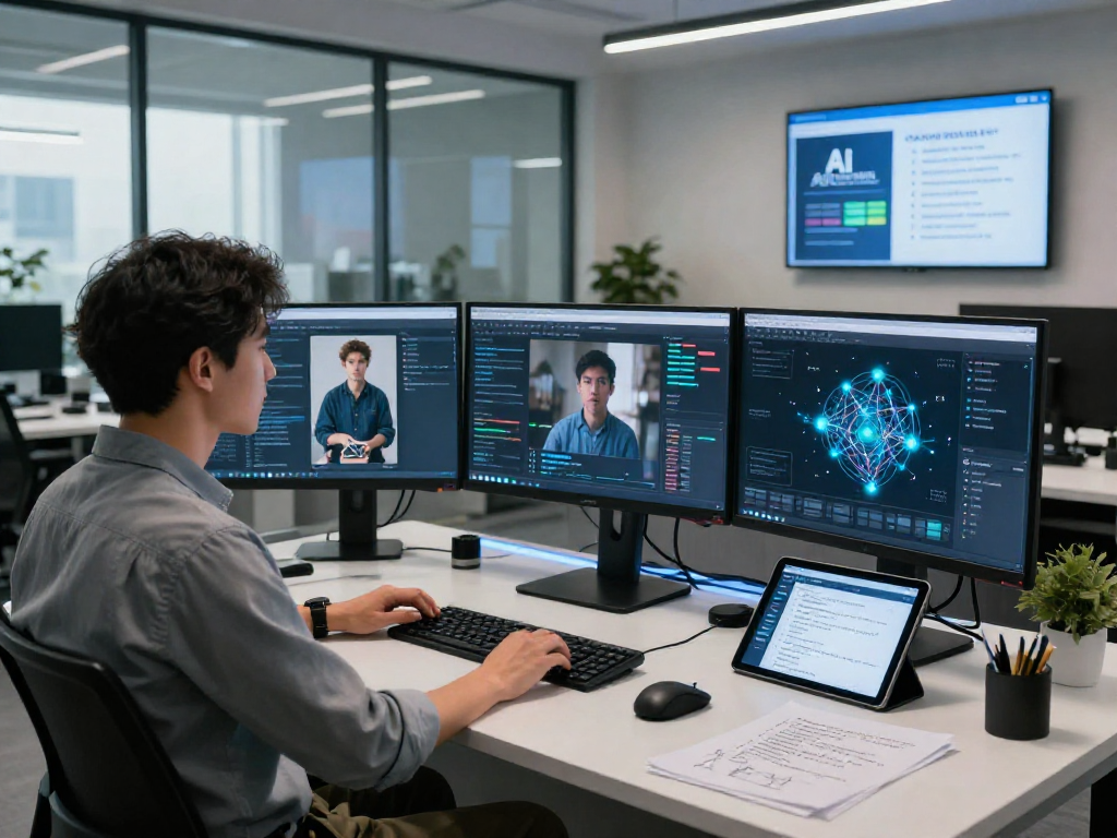 Detect AI image analysis in a modern tech workspace showing real-time moderation dashboards and advanced AI detection tools
