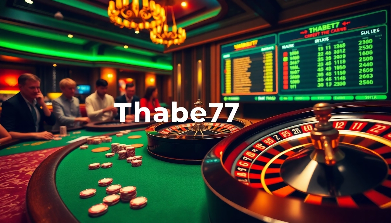 Experience the thrill of betting at Thabet77 with vibrant casino tables and excited gamblers.
