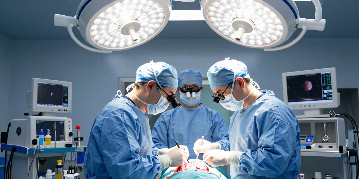 The beyin tümörü ameliyatı procedure showing skilled surgeons and advanced technology in a sterile hospital environment.