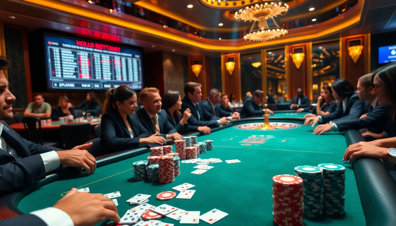 Players enjoying a thrilling poker game at mv88 casino with colorful chips and cards.