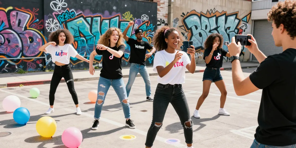 Group of creators filming TikTok videos together, showcasing how to become famous on TikTok with vibrant urban backdrop.