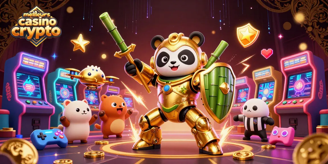 Les meilleurs casinos crypto sont représentés par un panda doré dans un robot de combat entouré de jeux colorés.