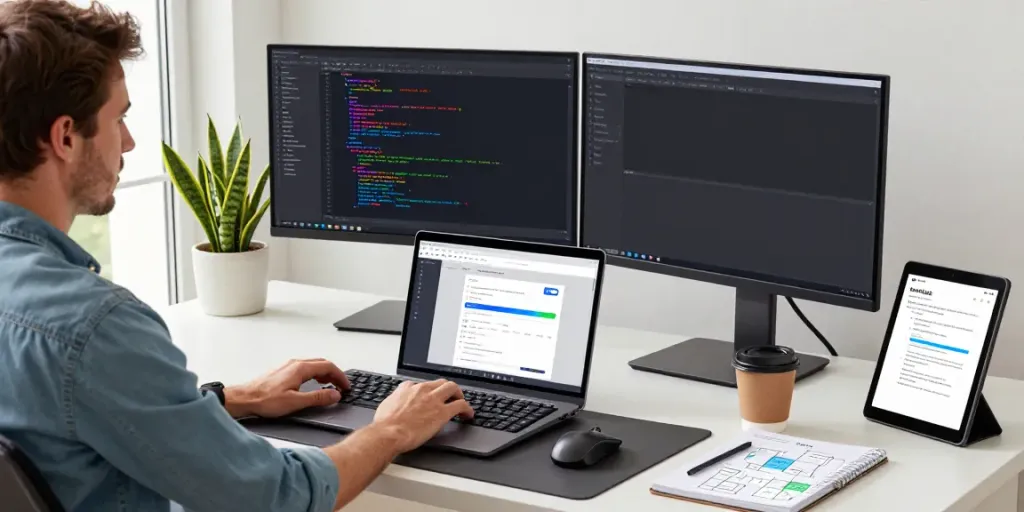 Workspace scene at https://notepad-app.co/ showing a developer using Notepad++ with dual monitors and a modern setup.