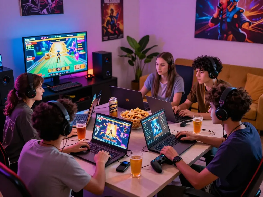 Friends enjoying situs gacor online slot games in a lively gaming room with colorful lights and screens.