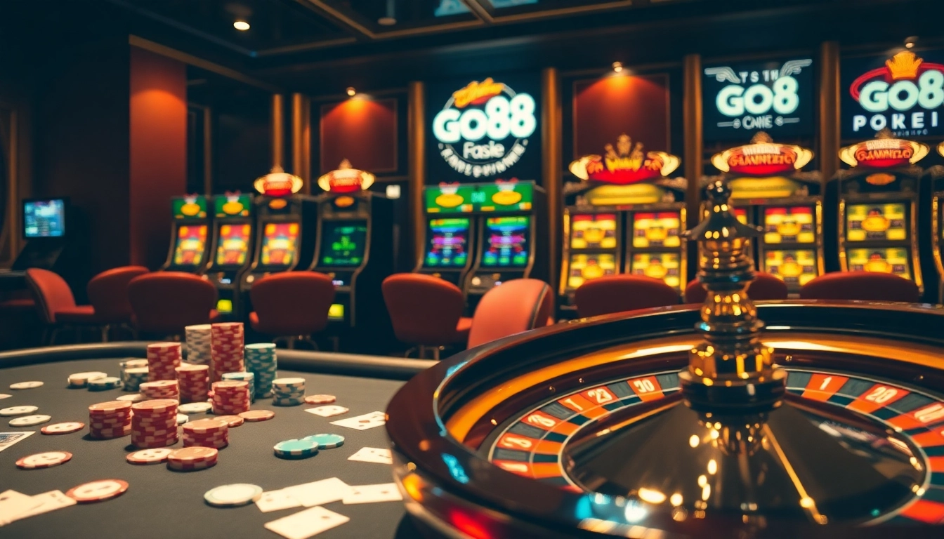 Exciting go88 casino scene with poker chips and roulette wheel, depicting thrilling gameplay atmosphere.