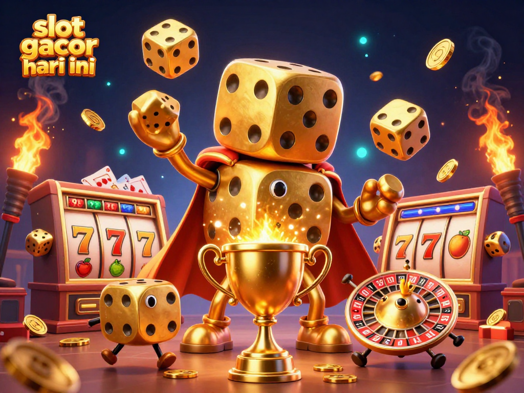 Engage with slot gacor hari ini through a vibrant 3D casino scene featuring golden dice golem and slot reels.