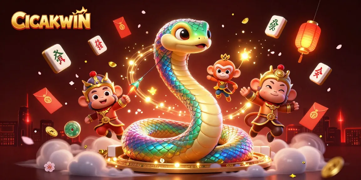 CICAKWIN showcases an energetic scene with a rainbow serpent and monkey king amidst casino elements and festive lights.