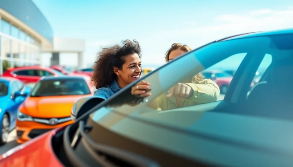 Couple examines a new car, excited to buy a car in a vibrant dealership.