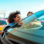 Couple examines a new car, excited to buy a car in a vibrant dealership.