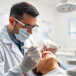 Dentist examining patient's teeth with precision in a bright dental clinic.