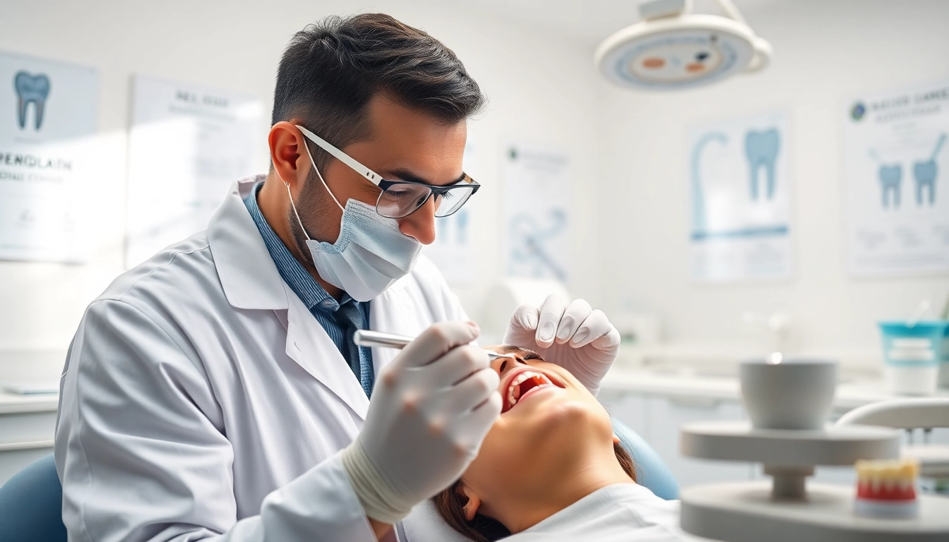Dentist examining patient's teeth with precision in a bright dental clinic.