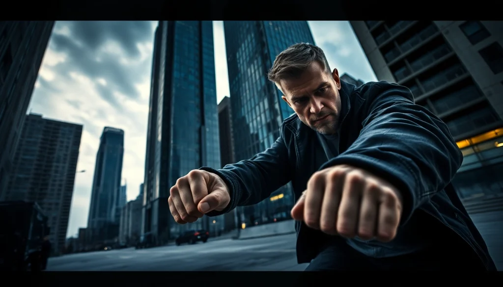 Action-packed moment featuring a detective in a gritty urban backdrop, similar to reacher series.