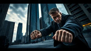 Action-packed moment featuring a detective in a gritty urban backdrop, similar to reacher series.