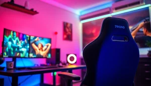Capture the essence of competitive gaming with a vibrant 79king setup featuring LED lights and monitors.