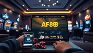 Dynamic AF88 online gaming platform interface displayed in a vibrant gaming room.