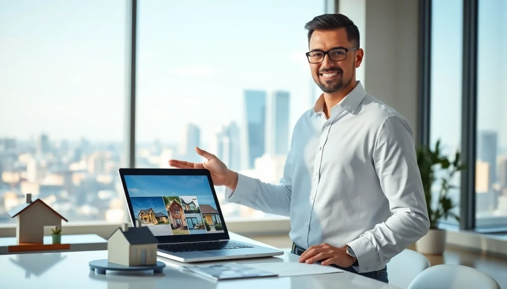 Real Estate agent showcasing properties in a modern office environment.