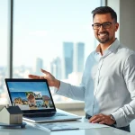 Real Estate agent showcasing properties in a modern office environment.