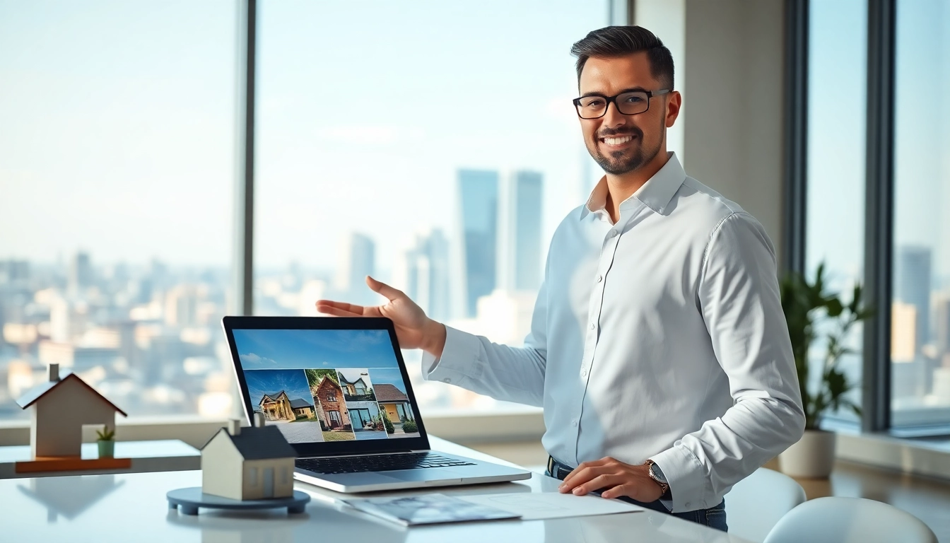 Real Estate agent showcasing properties in a modern office environment.