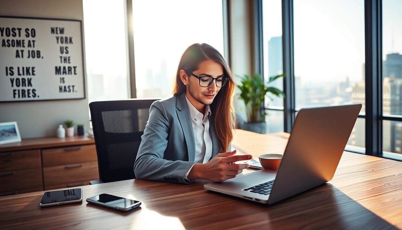 Job seeker preparing a free job post new york application at a modern office desk.