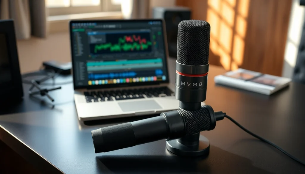 The MV88 microphone positioned on a modern desk, enhancing creative audio projects.