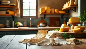 Een kaasdoek wordt gebruikt voor het afdekken van verschillende soorten kaas op een houten aanrecht.