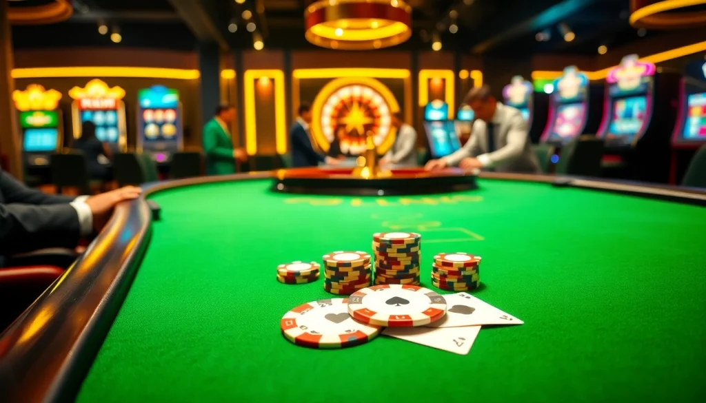 TV88 offers an exhilarating poker experience with vibrant chips and high-stakes tables in a luxurious casino.