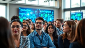 Engaged audience at a technology conference discussing innovations and trends.