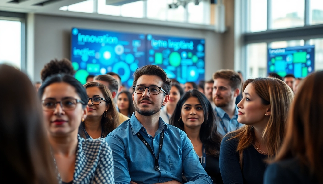 Engaged audience at a technology conference discussing innovations and trends.