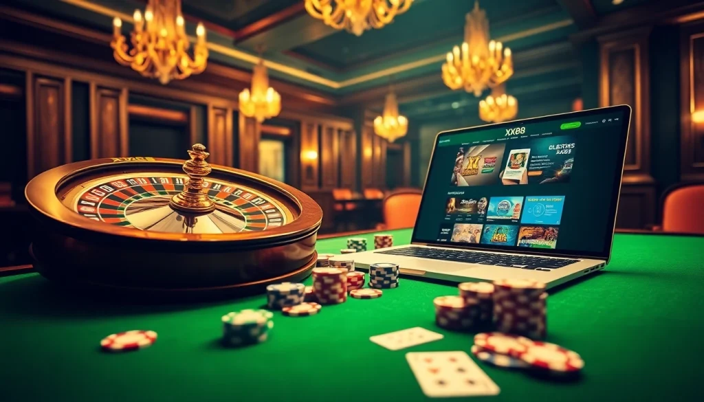 Experience the thrill of online gaming with XX88 at a luxurious casino setup, featuring poker chips and a roulette wheel.