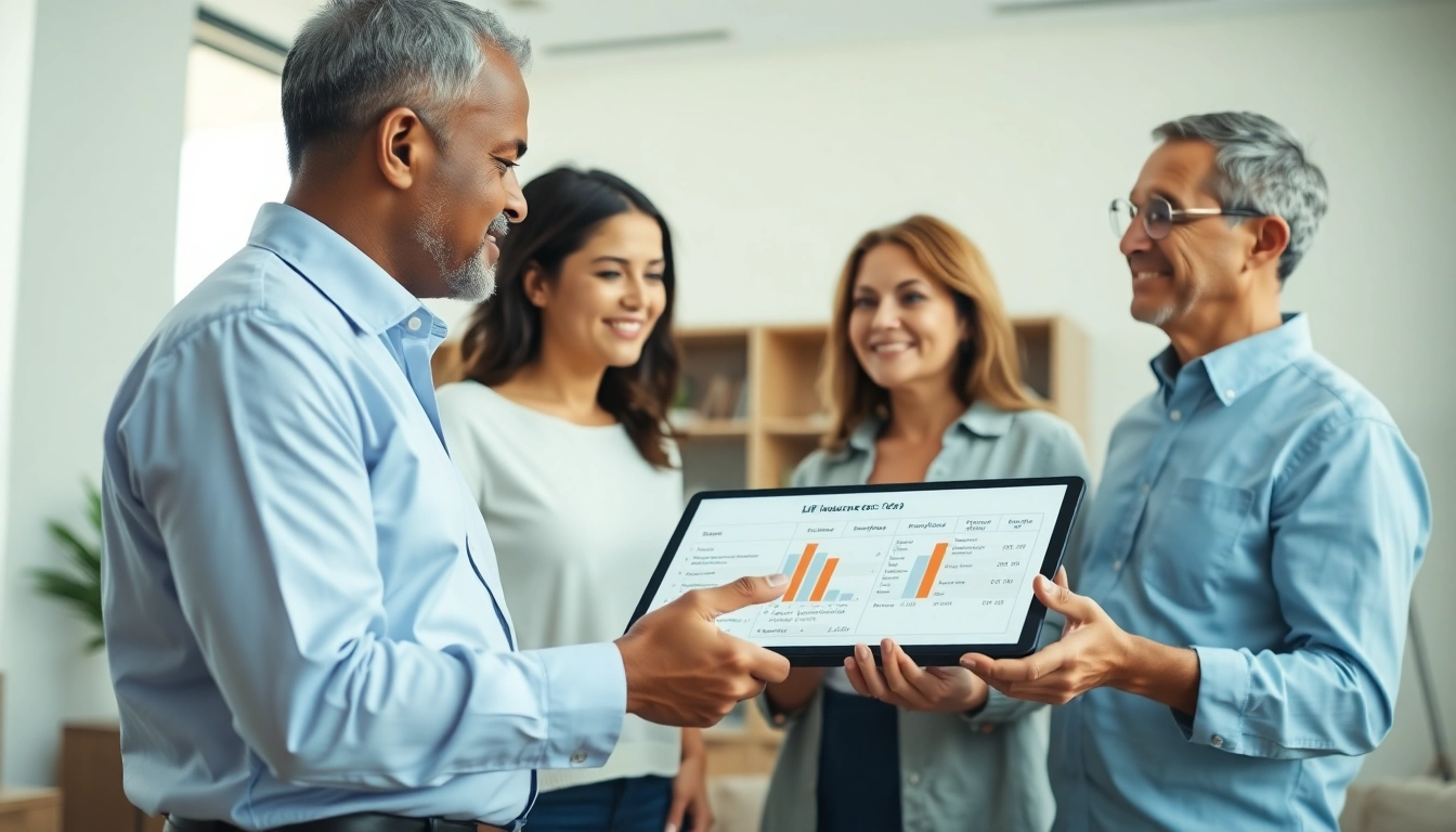 Discussing life insurance options with a financial advisor in a modern office setting.