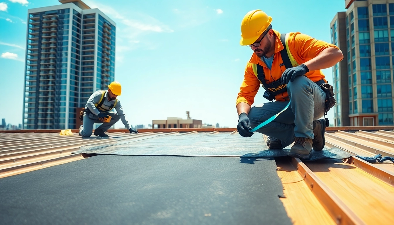 Providing expert commercial roofing services with a dedicated crew working on a new installation.
