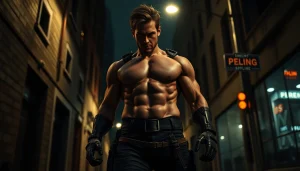 Captivating hero poised for action in urban setting, embodying themes similar to reacher series.