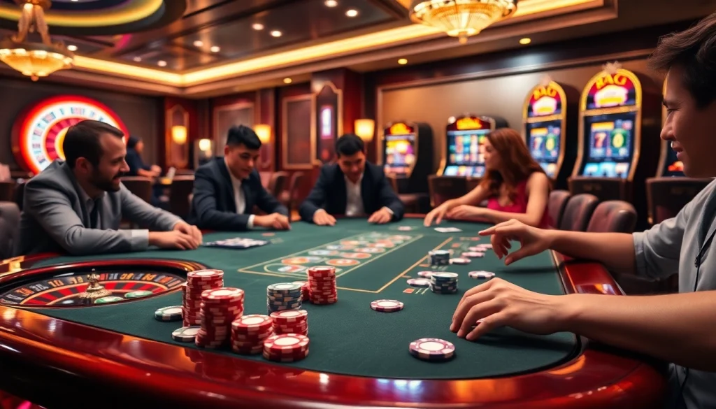Engage in a thrilling poker game at nohu90 com, surrounded by vibrant casino ambiance and poker chips.