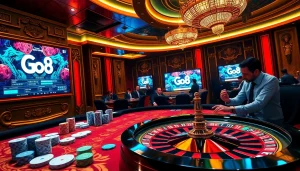 Gamblers enjoying a luxurious Go8 casino experience with vibrant poker chips and engaging gameplay.