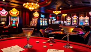 Experience thrilling gameplay at KJC COM with vibrant casino tables, cards, and roulette wheels.