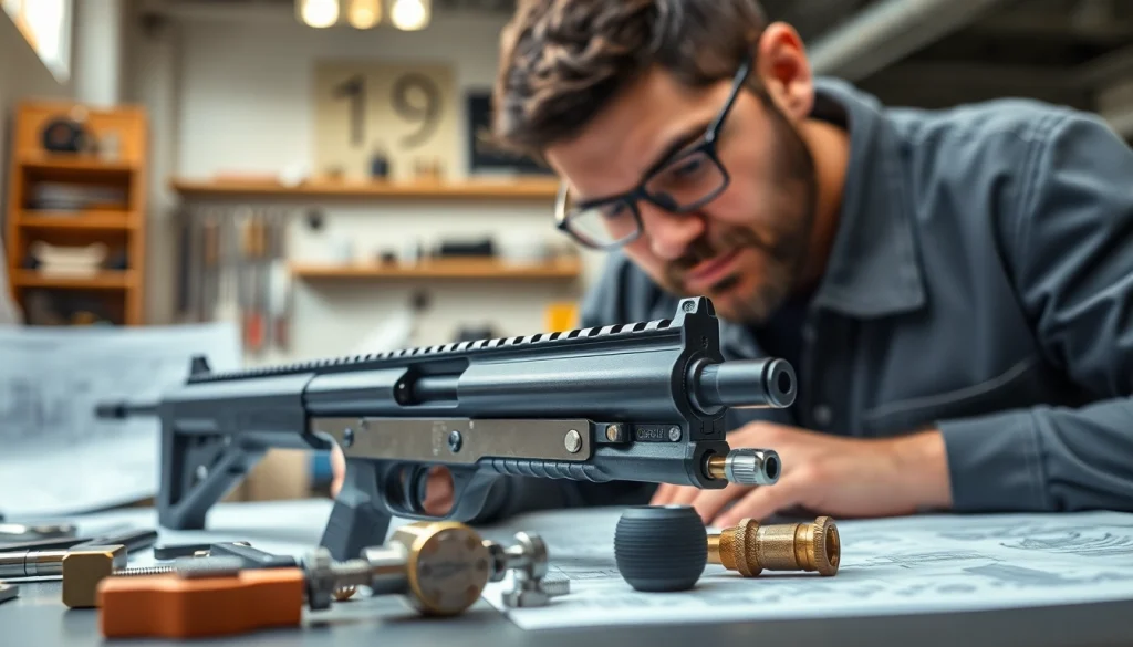Assembling a forced reset trigger with precision tools in a modern gunsmith workshop.